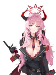 Rule 34 | 1girl, absurdres, between breasts, black gloves, black jacket, black skirt, blue archive, breasts, demon horns, fang, gloves, gong cha, gun, halo, handgun, highres, holding, holding gun, holding weapon, horns, jacket, large breasts, looking at viewer, military uniform, miniskirt, mole, mole on breast, necktie, necktie between breasts, pink hair, red necktie, satsuki (blue archive), simple background, skirt, solo, tongue, tongue out, uniform, upper body, weapon, white background, wrist cuffs