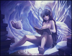 Rule 34 | 1girl, antenna hair, barefoot, book, breasts, censored, convenient censoring, convenient leg, fairy, feet, felarya, karbo, legs, long hair, medium breasts, nipples, nude, open book, pointy ears, reading, red eyes, revision, soinee, solo, very long hair, wings