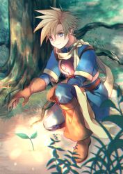 Rule 34 | 1boy, armor, blonde hair, blue eyes, blue tunic, breastplate, gloves, golden sun, isaac (golden sun), leather, leather gloves, light smile, magic, male focus, oas, on one knee, scarf, short hair, solo, spiked hair, sprout, tree, yellow scarf