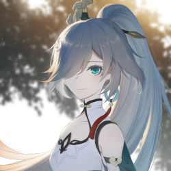 Rule 34 | 1girl, arms up, bare shoulders, blue eyes, blurry, blurry background, china dress, chinese clothes, closed mouth, clothing cutout, collar, day, detached sleeves, dress, earrings, eyebrows, eyelashes, fu hua, fu hua (azure empyrea), hair ornament, hairpin, highres, honkai (series), honkai impact 3rd, jewelry, nose, pleated sleeves, rafaelaaa, shoulder cutout, silver hair, single earring, smile, solo, turquoise (gemstone), white collar, wind