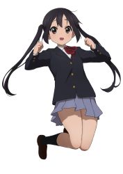 Rule 34 | 1girl, black hair, black jacket, black socks, blue skirt, brown eyes, brown footwear, commentary request, full body, highres, jacket, jumping, k-on!, kicchi (tmgk), kneehighs, loafers, long hair, long sleeves, looking at viewer, midair, nakano azusa, open mouth, pleated skirt, red neckwear, school uniform, shoes, simple background, skirt, smile, socks, solo, twintails, white background