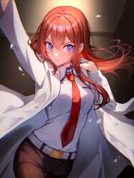 Rule 34 | 1girl, arm up, belt, belt buckle, black pantyhose, black shorts, buckle, closed mouth, coat, collared shirt, crossed bangs, double-parted bangs, dress shirt, floating hair, hair between eyes, hand up, highres, indoors, lab coat, long hair, long sleeves, looking at viewer, makise kurisu, necktie, open clothes, open coat, pantyhose, purple eyes, red hair, red necktie, shirase rin, shirt, shorts, solo, steins;gate, v-shaped eyebrows, white belt, white coat, white shirt
