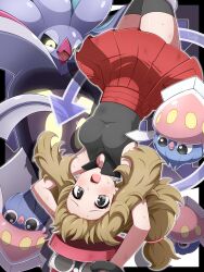 Rule 34 | 1girl, :o, absurdres, blonde hair, blush, bracelet, breasts, collared shirt, commentary request, creatures (company), evolutionary line, eyelashes, game freak, gen 6 pokemon, grey eyes, hat, highres, inkay, jewelry, long hair, malamar, nintendo, open mouth, pink hat, pleated skirt, pokemon, pokemon (creature), pokemon xy, popped collar, raised eyebrows, red skirt, serena (pokemon), shabana may, shirt, sidelocks, skirt, sunglasses, sweat, teeth, thighhighs, upper teeth only, upside-down, white-framed eyewear