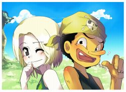 Rule 34 | 1boy, 1girl, aged down, back-to-back, bandana, black hair, blonde hair, blue sky, border, brown eyes, child, cloud, east blue, fence, grass, happy, jolly roger, kaya (one piece), long nose, looking at viewer, one piece, outdoors, sky, tree, usopp, white border