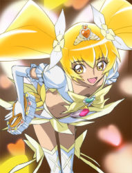 Rule 34 | 10s, 1girl, blonde hair, boots, bow, brooch, brown background, cure sunshine, cure sunshine (super silhouette), downblouse, elbow gloves, gloves, haruyama kazunori, heart, heart brooch, heartcatch precure!, instrument, jewelry, magical girl, midriff, myoudouin itsuki, precure, skirt, solo, tambourine, thigh boots, thighhighs, tiara, twintails, yellow bow, yellow eyes, yellow skirt, yellow theme