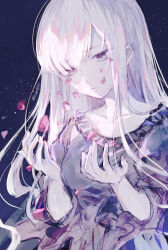 Rule 34 | 1girl, black background, black dress, breasts, collarbone, dress, expressionless, falling petals, frills, grey eyes, hands up, highres, light particles, long hair, looking at hands, medium breasts, mishiro (iromishiro), multicolored hair, original, petals, sketch, solo, streaked hair, twitter username, upper body, white hair