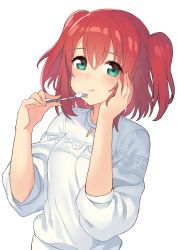 Rule 34 | 1girl, :t, blush, eating, fork, green eyes, grey background, hair between eyes, hajime kaname, hands up, highres, holding, holding fork, kurosawa ruby, looking at viewer, love live!, love live! sunshine!!, red hair, sidelocks, simple background, solo, sweater, tareme, twintails, two side up, upper body, white sweater