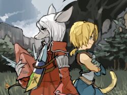 Rule 34 | 1boy, 1girl, animal ears, aqua vest, armor, ascot, back-to-back, bare shoulders, blonde hair, blue ascot, blue pants, burmecian, claws, closed mouth, coat, colored skin, cropped vest, crossed arms, final fantasy, final fantasy ix, freija crescent, gloves, grass, grey gloves, grey skin, hair between eyes, helmet, highres, holding, holding helmet, low ponytail, medium hair, monkey tail, mouse ears, mouse girl, mouse tail, outdoors, pants, parted bangs, profile, red coat, red headwear, ribbon, shirt, short ponytail, shoulder armor, sketch, sleeveless, sleeveless shirt, smile, tail, tail ornament, tail ribbon, tree, upper body, uzutanco, valley, vest, white hair, white shirt, winged helmet, zidane tribal