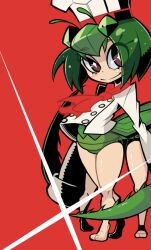 Rule 34 | 1girl, arthropod girl, blush, brown eyes, chef, chef hat, diamond-shaped pupils, diamond (shape), eyelashes, green hair, hat, long sleeves, mantis girl, mobiko, multiple legs, neckerchief, os-tan, red background, red neckerchief, short hair, smile, solo, soxy, symbol-shaped pupils, weapon, white hat