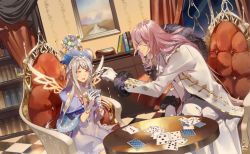 Rule 34 | 1boy, 1girl, angel wings, blunt bangs, bookshelf, bow, capelet, card, champagne (food fantasy), dress, fondant cake (food fantasy), food fantasy, formal, gloves, hat, highres, holding, holding card, long hair, pink hair, playing card, red eyes, sidelocks, sitting, smile, suit, table, white hair, white suit, wings