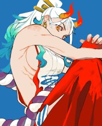 Rule 34 | 1girl, absurdres, bare arms, blue background, blue hair, breasts, covered mouth, gradient hair, green hair, hair ornament, hakama, hakama pants, hand on own knee, high ponytail, highres, horns, japanese clothes, knees up, large breasts, long hair, looking at viewer, multicolored hair, oh imo, one piece, orange eyes, pants, red hakama, red pants, ribs, rope belt, shirt, sideboob, sideless shirt, simple background, sitting, sleeveless, sleeveless shirt, solo, white hair, white shirt, yamato (one piece)