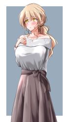 Rule 34 | 1girl, arm behind back, bare shoulders, blonde hair, blush, border, breasts, brown skirt, closed mouth, collarbone, commentary, cowboy shot, eyes visible through hair, facing viewer, frown, grey background, grey shirt, hand on own chest, hand up, highres, jewelry, kakuremino7928, large breasts, long hair, long skirt, long sleeves, looking to the side, low ponytail, necklace, off-shoulder shirt, off shoulder, original, outside border, pendant, ponytail, shirt, shirt tucked in, sidelocks, simple background, skirt, solo, standing, tented shirt, wavy hair, white border, yellow eyes