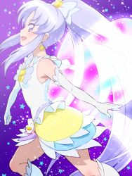 Rule 34 | 10s, 1girl, bare shoulders, blush, bow, brooch, cure fortune, cure fortune (innocent form), earrings, elbow gloves, gloves, hair bow, hair ornament, happinesscharge precure!, heart, heart brooch, heart hair ornament, hikawa iona, jewelry, lips, long hair, magical girl, multicolored clothes, multicolored skirt, ponytail, precure, purple eyes, purple hair, skirt, smile, solo, star (symbol), star earrings, tj-type1, white gloves, wide ponytail