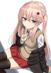 Rule 34 | 1girl, antenna hair, black jacket, black thighhighs, blonde hair, blue eyes, hair ornament, hairclip, highres, index finger raised, jacket, long hair, looking at viewer, miniskirt, neck ribbon, off shoulder, open clothes, open jacket, original, pleated skirt, red skirt, ribbon, school uniform, shirt, sitting, skirt, smile, solo, sweater vest, thighhighs, twintails, undershirt, very long hair, white shirt, yakob labo, zettai ryouiki