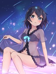 Rule 34 | 1girl, adapted costume, bare arms, bare legs, black eyes, black hair, blush, breasts, collarbone, commentary request, falling star, feet out of frame, frills, highres, kemono friends, lingerie, looking at viewer, medium breasts, navel, nightgown, parted lips, see-through, shiraha maru, short hair, short sleeves, sitting, solo, superb bird-of-paradise (kemono friends), twitter username, underwear