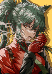 Rule 34 | 1girl, absurdres, animal ear fluff, animal ears, arknights, black hair, black jacket, breasts, cigarette, collared shirt, ear piercing, eyebrows hidden by hair, gloves, green necktie, highres, holding, jacket, lighter, long hair, long sleeves, looking at viewer, medium breasts, mouth hold, multicolored hair, necktie, off shoulder, official alternate costume, open clothes, open jacket, orange eyes, parted lips, piercing, ponytail, red gloves, red hair, red shirt, ringed eyes, shirt, shokikanes, sidelocks, simple background, smoke, smoking, solo, streaked hair, texas (arknights), texas (willpower) (arknights), two-tone hair, upper body, wolf ears, yellow background