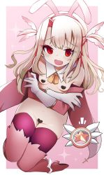 Rule 34 | 1girl, animal ears, bare shoulders, blonde hair, blush, breasts, fang, fate/kaleid liner prisma illya, fate (series), gloves, hair ornament, heart pasties, high heels, highres, illyasviel von einzbern, izuoku, long hair, magical girl, open mouth, pasties, pink thighhighs, rabbit ears, red eyes, small breasts, solo, thighhighs