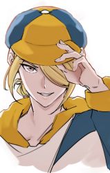 Rule 34 | 1boy, blonde hair, brown eyes, commentary request, creatures (company), game freak, grin, hair over one eye, hand on headwear, haruto irasuto, hat, highres, jumpsuit, long sleeves, looking at viewer, male focus, nintendo, pokemon, pokemon legends: arceus, short hair, smile, solo, teeth, upper body, volo (pokemon), white background, yellow hat