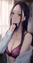 Rule 34 | 1girl, absurdres, blurry, blurry background, blush, bra, breasts, brown eyes, buttoned cuffs, buttons, cleavage, finger to mouth, floral print, highres, inaka 44, indoors, jewelry, long hair, looking at viewer, medium breasts, necklace, off shoulder, open clothes, open shirt, original, print bra, purple bra, purple hair, shirt, shushing, sidelocks, solo, sweat, underwear, upper body, white shirt