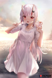 Rule 34 | 1girl, blush, commentary request, cowboy shot, creature, creature on shoulder, dress, fang, hololive, horns, index finger raised, long hair, looking at viewer, mujinbensin, multicolored hair, nakiri ayame, on shoulder, open mouth, outdoors, pointing, pointing at self, poyoyo (nakiri ayame), red eyes, red hair, see-through silhouette, short sleeves, silver hair, skin-covered horns, skin fang, solo, standing, streaked hair, very long hair, virtual youtuber, white dress
