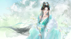 Rule 34 | 1girl, absurdres, baiguio (zhu xian), baoyu li hua maomao quan, bare shoulders, black hair, blue sky, branch, brown hair, china dress, chinese clothes, closed mouth, dress, facial mark, flower, forehead mark, fur trim, green eyes, hair flower, hair ornament, highres, holding, holding branch, jewelry, long hair, long sleeves, looking to the side, necklace, sash, sky, solo, tiara, upper body, zhu xian