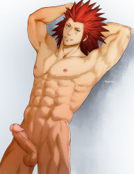 Rule 34 | 1boy, abs, against wall, axel, erection, highres, hydaria, kingdom hearts, male focus, muscular, naughty face, pectorals, penis, red hair, smile, solo, teeth, testicles, uncensored