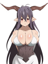 Rule 34 | 10s, 1girl, arms behind back, bandaged arm, bare shoulders, black hair, body blush, breasts, bursting breasts, cleavage, danua, draph, dress, granblue fantasy, highres, horns, kagemusha, large breasts, long hair, looking at viewer, parted lips, pointy ears, red eyes, simple background, sleeveless, sleeveless dress, solo, standing, very long hair, white background, white dress
