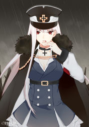Rule 34 | 1girl, black hat, blood, blood from mouth, blood on face, breasts, cape, choker, cleavage, cross, cross choker, eyelashes, girls&#039; frontline, hat, iron cross, jacket, kar98k (girls&#039; frontline), long hair, looking at viewer, military, military hat, military uniform, rain, red eyes, silver hair, simple background, solo, tagme, uniform, user iza2829