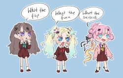 3girls :o antenna_hair anyoji_hime aqua_neckerchief black_bow black_ribbon blonde_hair blue_background blue_eyes blue_hair blunt_bangs bow bow_legwear brown_dress brown_footwear brown_hair bxsql_wtf_trio_(meme) commentary deformed dress english_commentary english_text euphemism fang flower fujishima_megumi gradient_hair hair_flower hair_ornament hair_ribbon hasu_no_sora_school_uniform hood hooded_jacket innerpains jacket light_blue_hair link!_like!_love_live! loafers long_hair long_sleeves love_live! medium_dress mira-cra_park! multi-tied_hair multicolored_hair multiple_girls neckerchief open_clothes open_jacket open_mouth osawa_rurino parted_bangs pink_flower pink_hair pink_jacket pleated_dress ponytail profanity purple_eyes red_neckerchief ribbon sailor_collar sailor_dress school_uniform shoes sidelocks sketch socks speech_bubble swept_bangs twintails two_side_up very_long_hair white_sailor_collar white_socks winter_uniform yellow_neckerchief zoomer_slang