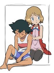 Rule 34 | 1boy, 1girl, ash ketchum, bare arms, barefoot, black hair, blonde hair, blue eyes, blue ribbon, closed eyes, commentary request, creatures (company), dark-skinned male, dark skin, dress, eyelashes, framed, game freak, hand on another&#039;s shoulder, highres, ia (ilwmael9), neck ribbon, nintendo, parted lips, pink dress, pokemon, pokemon (anime), pokemon xy (anime), ribbon, serena (pokemon), shirt, short hair, shorts, sick, sitting, sleeveless, sleeveless shirt, tank top, thighhighs