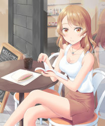 Rule 34 | 1girl, alternate costume, blush, book, breasts, brown eyes, brown skirt, casual, chair, chalkboard, cleavage, commentary request, cowboy shot, cropped legs, drink, food, highres, houston (kancolle), kantai collection, kiryu naoto, light brown hair, long hair, looking at viewer, medium breasts, reflection, sandwich, sign, sitting, skirt, smile, solo, table, tank top