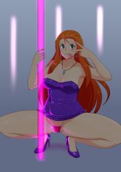 Rule 34 | 1girl, bikini, breasts, cameltoe, cleft of venus, condom, condom in mouth, curvy, dancer, dark, earrings, fingernails, ghost sweeper mikami, glowing, high heels, highres, isami jun, jewelry, large breasts, long fingernails, long hair, mikami reiko, mouth hold, nail polish, necklace, neon lights, panties, pole, pole dancing, red hair, shoes, solo, spread legs, squatting, stripper, swimsuit, thick thighs, thighs, underwear, v, v over eye, wide hips