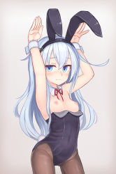Rule 34 | 1girl, absurdres, animal ears, armpits, arms up, bad id, bad pixiv id, blue eyes, blush, breasts, breasts out, commentary request, detached collar, fake animal ears, hibiki (kancolle), highres, kantai collection, leotard, long hair, nipples, pantyhose, playboy bunny, rabbit ears, rabbit pose, rabbit tail, reitou mikan, silver hair, simple background, small breasts, solo, tail, tears, wrist cuffs