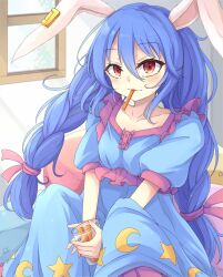 Rule 34 | 1girl, absurdres, animal ears, blue dress, blue hair, carrot, carrot sticks, closed mouth, collarbone, crescent print, cup, dress, earclip, food in mouth, highres, holding, holding cup, indoors, long hair, looking at viewer, low twintails, neko mata, rabbit ears, rabbit girl, red eyes, seiran (touhou), short sleeves, sitting, solo, star (symbol), star print, touhou, twintails, window