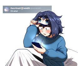 Rule 34 | 1girl, alternate costume, black hair, blue eyes, blue sweater, blush, cellphone, commentary, ddolbang, hair intakes, highres, holding, holding phone, hololive, hololive english, long sleeves, looking at phone, mask, mask on head, messy hair, open mouth, ouro kronii, pajamas, phone, short hair, sleep mask, smartphone, sweater, symbol-only commentary, tweet, twitter, virtual youtuber, waking up, wide-eyed