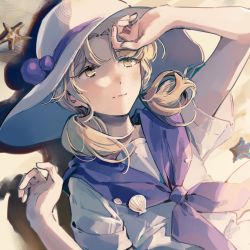Rule 34 | 1girl, blonde hair, closed mouth, commentary request, hat, highres, louise (touhou), low twintails, lying, neckerchief, purple neckerchief, purple sailor collar, sailor collar, sand, seashell, shell, shirt, short sleeves, starfish, sun hat, touhou, touhou (pc-98), twintails, white hat, white shirt, yellow eyes, yorktown cv-5