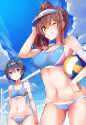 Rule 34 | 2girls, armband, ball, beach volleyball, bikini, black hair, blue bikini, blue eyes, blue hairband, blue sky, breasts, brown eyes, brown hair, cevio, cleavage, cloud, commentary request, cowboy shot, day, gluteal fold, groin, hairband, holding, holding ball, konnyaku (kk-monmon), large breasts, legs apart, long hair, looking at viewer, medium breasts, multiple girls, navel, one eye closed, outdoors, playing sports, satou sasara, short hair, side ponytail, sky, smile, sports bikini, standing, stomach, suzuki tsudumi, swimsuit, tank top, visor cap, volleyball, volleyball (object), volleyball net