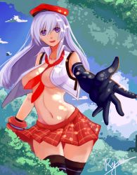 Rule 34 | 10s, 1girl, alisa ilinichina amiella, beret, between breasts, black footwear, black gloves, black thighhighs, blue eyes, blue sky, boots, breasts, cleavage, cloud, crop top, dappled sunlight, day, female focus, foreshortening, gloves, god eater, god eater 2: rage burst, gradient background, hair over eyes, hat, highres, large breasts, light purple hair, long hair, looking at viewer, midriff, necktie, necktie between breasts, no bra, open clothes, open mouth, open shirt, outdoors, outstretched hand, plaid, plaid skirt, pleated skirt, reaching, reaching towards viewer, red necktie, red skirt, ryuuno6, shirt, signature, skirt, sky, sleeveless, solo, sunlight, swept bangs, thigh boots, thighhighs, underboob, zettai ryouiki