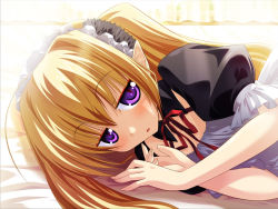 Rule 34 | 1girl, ahoge, bed, blonde hair, blush, close-up, draculius, elshlant d. annoyance, game cg, jitome, long hair, lying, maid, maid headdress, morning, narumi suzune, non-web source, on side, open mouth, pointy ears, purple eyes, solo, staring, twintails