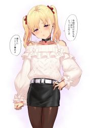 Rule 34 | 1boy, :o, bare shoulders, belt, black choker, black pantyhose, black skirt, blonde hair, blush, check copyright, choker, collarbone, commentary request, copyright request, crossdressing, gem, half-closed eyes, highres, long hair, long sleeves, looking at viewer, male focus, mole, mole under mouth, original, pantyhose, pencil skirt, simple background, skirt, solo, sweater, trap, twintails, white background, white belt, white sweater, yapo (croquis side)