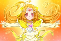 Rule 34 | 0417nao, 10s, 1girl, blush, bow, cure muse, cure muse (yellow), earrings, frills, heart, heart earrings, jewelry, long hair, long sleeves, magical girl, orange hair, pink eyes, precure, red eyes, ribbon, shirabe ako, skirt, smile, solo, suite precure, yellow bow