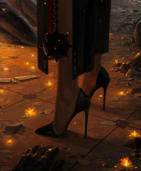 Rule 34 | 1girl, 2boys, ball and chain (weapon), black dress, black footwear, black nails, close-up, commentary, debris, dress, english commentary, feet, flower, guweiz, high heels, highres, legs, multiple boys, nail polish, original, red soles, shoes, shoes focus, solo focus, spiked ball and chain, standing, yellow flower
