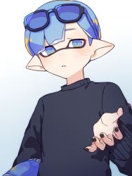 Rule 34 | 1boy, black-framed eyewear, black nails, black shirt, blue background, blue eyes, blue hair, commentary request, eyewear on head, glasses, gradient background, inkling, inkling boy, inkling player character, inuowour, looking at viewer, male focus, nintendo, parted lips, pointy ears, shirt, short hair, solo, splatoon (series)