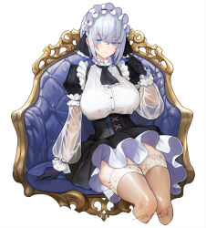 Rule 34 | 1girl, ascot, black ascot, black corset, black gloves, black skirt, blue eyes, blue hair, breasts, chair, corset, cropped legs, eyelashes, garter straps, gloves, hand up, highres, large breasts, light blue hair, looking at viewer, maid day, maid headdress, mole, mole under eye, original, puffy sleeves, pupps, see-through, see-through sleeves, short hair, signature, simple background, sitting, skirt, smile, solo, thighhighs, thighs, white background