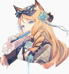 Rule 34 | 1girl, absurdres, animal ears, arknights, blonde hair, blue eyes, blue nails, bow, cat ears, commentary request, cropped torso, fanshu, folding fan, grey background, hair bow, hand fan, highres, holding, holding fan, iris (arknights), long hair, long sleeves, looking at viewer, nail polish, simple background, solo, upper body