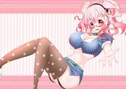 Rule 34 | 1girl, aki sakura, alternate hairstyle, bespectacled, blush, breasts, cleavage, female focus, glasses, headphones, large breasts, long hair, looking at viewer, navel, nitroplus, open mouth, pencil skirt, pink hair, red eyes, skirt, smile, solo, super sonico, thighhighs, twintails