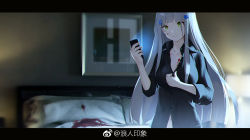 Rule 34 | 1girl, 3:, backlighting, blood, blood stain, blue hair, blunt bangs, breasts, cellphone, dress shirt, girls&#039; frontline, hair ornament, hand on own chest, hk416 (girls&#039; frontline), indoors, large breasts, letterboxed, long hair, narcolepsy-1900, navel, night, partially unbuttoned, phone, shirt, sidelocks, sleeves rolled up, smartphone, solo, tattoo, very long hair, weibo watermark