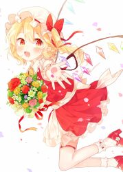 Rule 34 | 1girl, blonde hair, blush, bouquet, bow, fang, flandre scarlet, flower, flower request, hair bow, hat, hat bow, hat ribbon, high heels, highres, miniskirt, mob cap, mokyuko, outstretched arm, petals, petticoat, pink rose, pointy ears, red bow, red eyes, red footwear, red ribbon, red rose, ribbon, rose, sash, footwear flower, shoes, short sleeves, side ponytail, simple background, skirt, skirt set, socks, solo, thigh strap, touhou, white background, wings, wristband, yellow rose