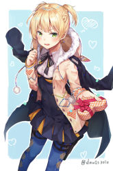 Rule 34 | 1girl, blonde hair, blush, box, braid, crown braid, gift, gift box, girls&#039; frontline, green eyes, heart-shaped box, highres, holding, holding gift, holster, huwari (dnwls3010), jacket, looking at viewer, pantyhose, skirt, solo, sweatdrop, thigh holster, twintails, welrod mkii (girls&#039; frontline)