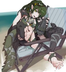Rule 34 | 1girl, absurdres, arknights, barefoot, chair, crocodilian tail, dark green hair, feet, gavial (arknights), goggles, goggles on head, highres, long hair, looking at viewer, lounge chair, pointy ears, ponytail, shoes, unworn shoes, single shoe, soles, sweat, tail, thighhighs, toes, torn clothes, torn thighhighs, yellow eyes